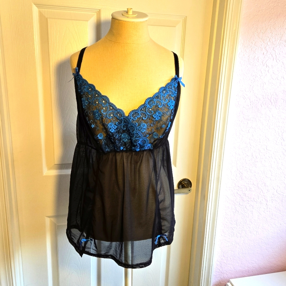 Cacique Blue And Black‎ Sheer Camisole Shirt Babydoll Top Size 22/24 Lingerie